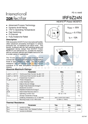 IRF9Z24N datasheet - Power MOSFET(Vdss=-55V, Rds(on)=0.175ohm, Id=-12A)
