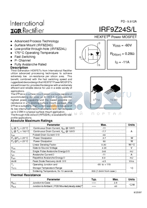 IRF9Z24L datasheet - Power MOSFET(Vdss=-60V, Rds(on)=0.28ohm, Id=-11A)