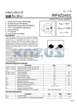 IRF9Z24S datasheet - Power MOSFET(Vdss=-60V, Rds(on)=0.28ohm, Id=-11A)