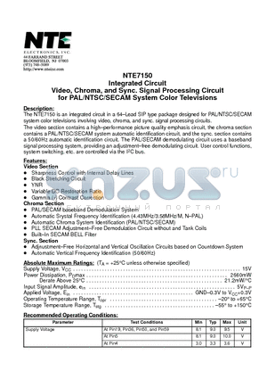 NTE7150 datasheet - Integrated Circuit Video, Chroma, and Sync. Signal Processing Circuit for PAL/NTSC/SECAM System Color Televisions