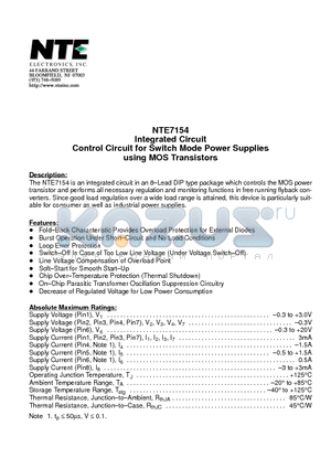 NTE7154 datasheet - Integrated Circuit Control Circuit for Switch Mode Power Supplies using MOS Transistors