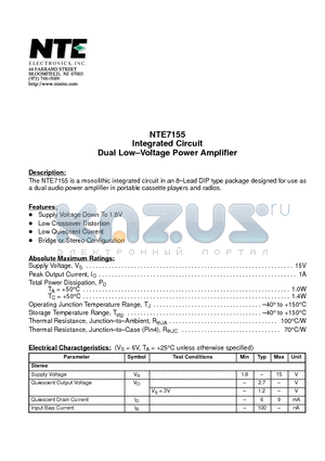 NTE7155 datasheet - Integrated Circuit Dual Low-Voltage Power Amplifier