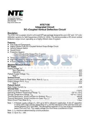 NTE7156 datasheet - Integrated Circuit DC-Coupled Vertical Deflection Circuit