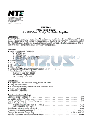 NTE7163 datasheet - Intergrated Circut 4 x 40W Quad Bridge Car Radio Amplifier