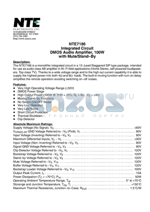 NTE7186 datasheet - Integrated Circuit DMOS Audio Amplifier, 100W with Mute/Stand−By