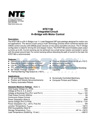 NTE7196 datasheet - Integrated Circuit H-Bridge with Motor Control