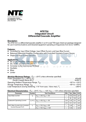 NTE724 datasheet - Integrated Circuit Differential/Cascode Amplifier