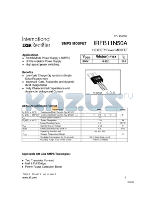 IRFB11N50 datasheet - Power MOSFET(Vdss=500V, Rds(on)max=0.52ohm, Id=11A)