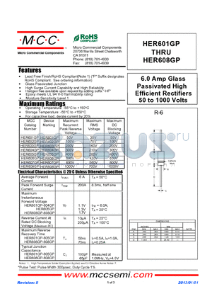 HER601GP_13 datasheet - 6.0 Amp Glass Passivated High Efficient Rectifiers 50 to 1000 Volts