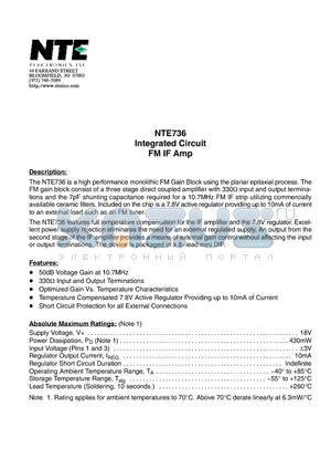 NTE736 datasheet - Integrated Circuit FM IF Amp