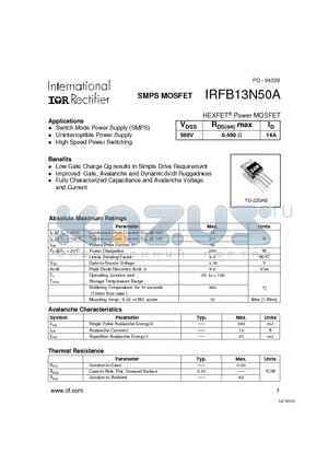 IRFB13N50A datasheet - Power MOSFET(Vdss=500V, Rds(on)max=0.450ohm, Id=14A)