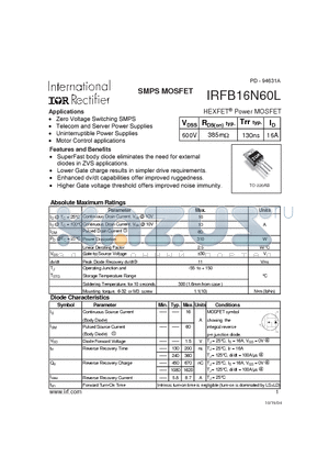 IRFB16N60L datasheet - SMPS MOSFET