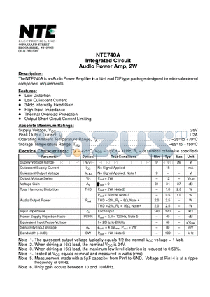 NTE740A datasheet - Integrated Circuit Audio Power Amp, 2W