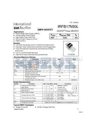 IRFB17N50L datasheet - Power MOSFET(Vdss=500V, Rds(on)typ.=0.28ohm, Id=16A)