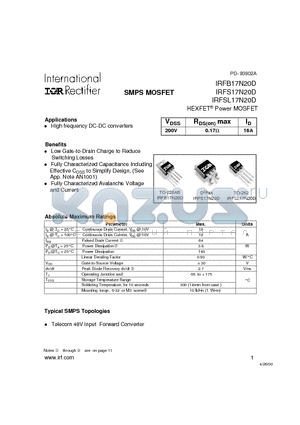 IRFB17N20D datasheet - Power MOSFET(Vdss=200V, Rds(on)max=0.17ohm, Id=16A)