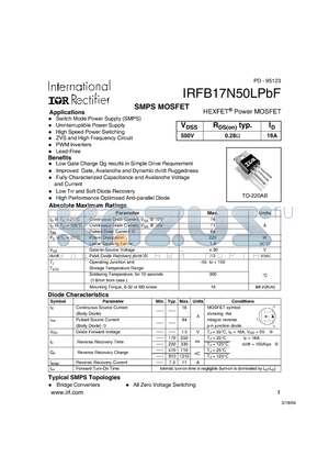 IRFB17N50LPBF datasheet - SMPS MOSFET ( VDSS=500V , RDS(on)typ.=0.28Y , ID=16A )