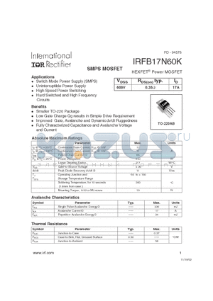 IRFB17N60K datasheet - SMPS MOSFET