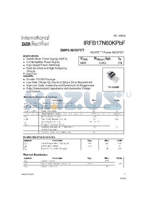 IRFB17N60KPBF datasheet - SMPS MOSFET(SWITCH MODE POWER SUPPLY)