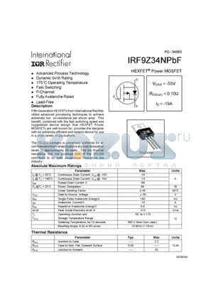 IRF9Z34NPBF datasheet - HEXFET^ POWER MOSFET