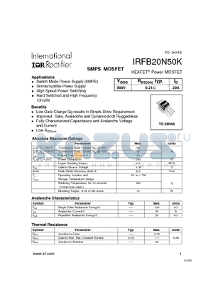 IRFB20N50K datasheet - SMPS MOSFET