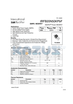 IRFB20N50KPBF datasheet - HEXFET Power MOSFET
