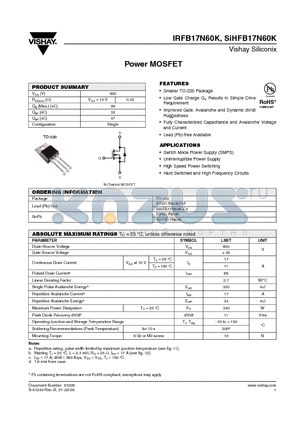 IRFB17N60KPBF datasheet - Power MOSFET