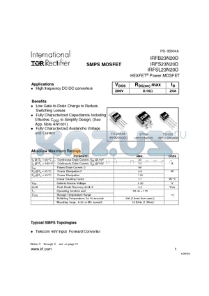 IRFB23N20D datasheet - Power MOSFET(Vdss=200V, Rds(on)max=0.10ohm, Id=24A)