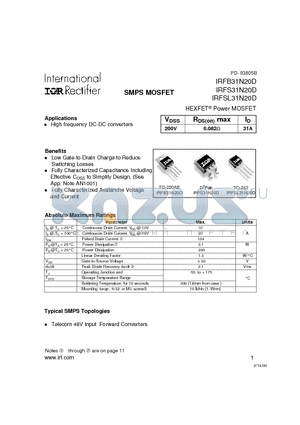 IRFB31N20 datasheet - Power MOSFET(Vdss=200V, Rds(on)max=0.082ohm, Id=31A)