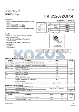 IRFB3207ZGPBF datasheet - HEXFETPower MOSFET