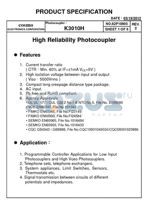 K3010 datasheet - High Reliability Photocoupler