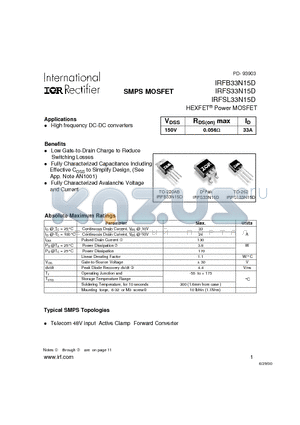 IRFB33N15D datasheet - Power MOSFET(Vdss=150V, Rds(on)max=0.056ohm, Id=33A)