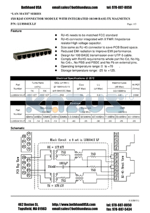 LU8S041XLF datasheet - 1X8 RJ45 CONNECTOR MODULE WITH INTEGRATED 10/100 BASE-TX MAGNETICS
