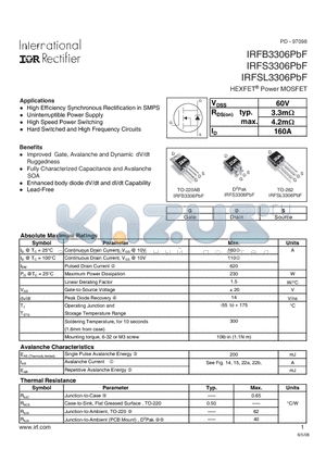 IRFB3306PBF datasheet - High Efficiency Synchronous Rectification in SMPS