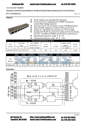 LU8T041XLF datasheet - 1X8 RJ45 CONNECTOR MODULE WITH INTEGRATED 10/100 BASE-TX MAGNETICS