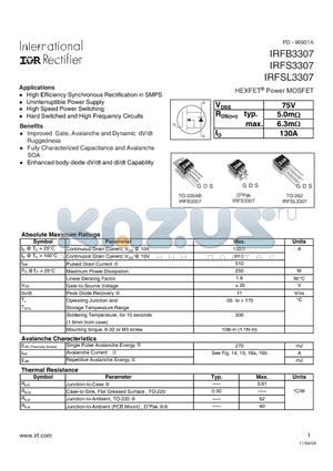IRFB3307 datasheet - HEXFET  Power MOSFET