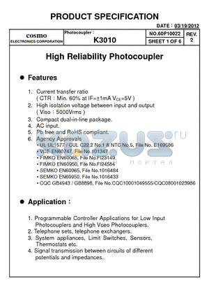 K3010 datasheet - High Reliability Photocoupler