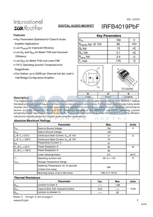 IRFB4019PBF datasheet - DIGITAL AUDIO MOSFET