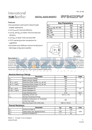 IRFB4020PBF datasheet - DIGITAL AUDIO MOSFET