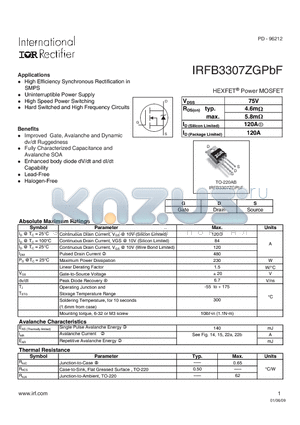 IRFB3307ZGPBF datasheet - HEXFETPower MOSFET