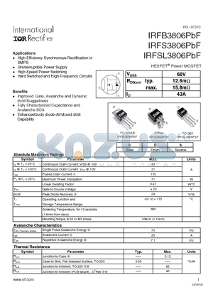 IRFB3806PBF datasheet - HEXFETPower MOSFET