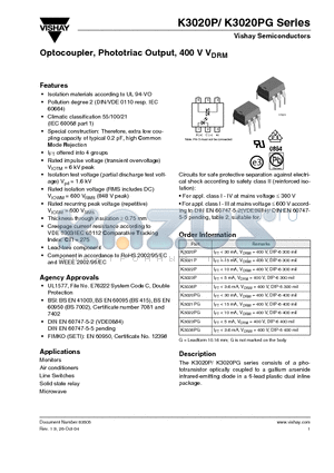 K3020PG datasheet - Optocoupler, Phototriac Output, 400 V VDRM