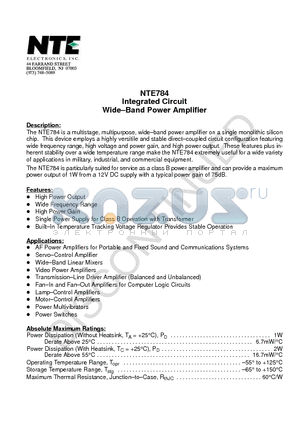 NTE784 datasheet - Integrated Circuit Wide-Band Power Amplifier