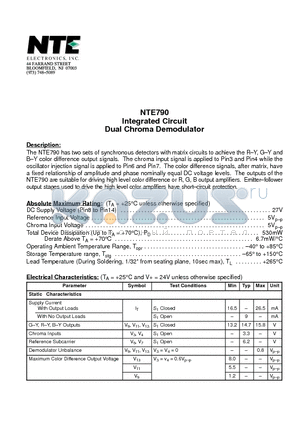 NTE790 datasheet - Integrated Circuit Dual Chroma Demodulator