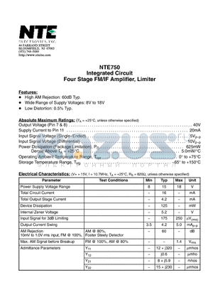 NTE750 datasheet - Integrated Circuit Four Stage FM/IF Amplifier, Limiter