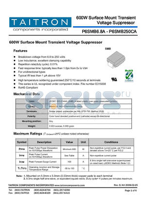 P6SMB170CA datasheet - 600W Surface Mount Transient Voltage Suppressor