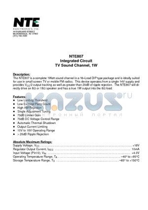 NTE807 datasheet - Integrated Circuit TV Sound Channel, 1W