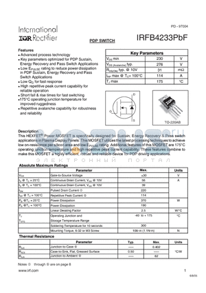 IRFB4233PBF datasheet - Energy Recovery & Pass switch applications in Plasma Display Panels