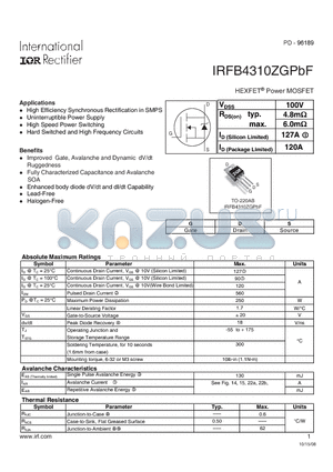 IRFB4310ZGPBF datasheet - HEXFETPower MOSFET