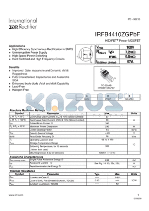 IRFB4410ZGPBF datasheet - HEXFETPower MOSFET