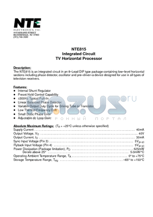 NTE815 datasheet - Integrated Circuit TV Horizontal Processor